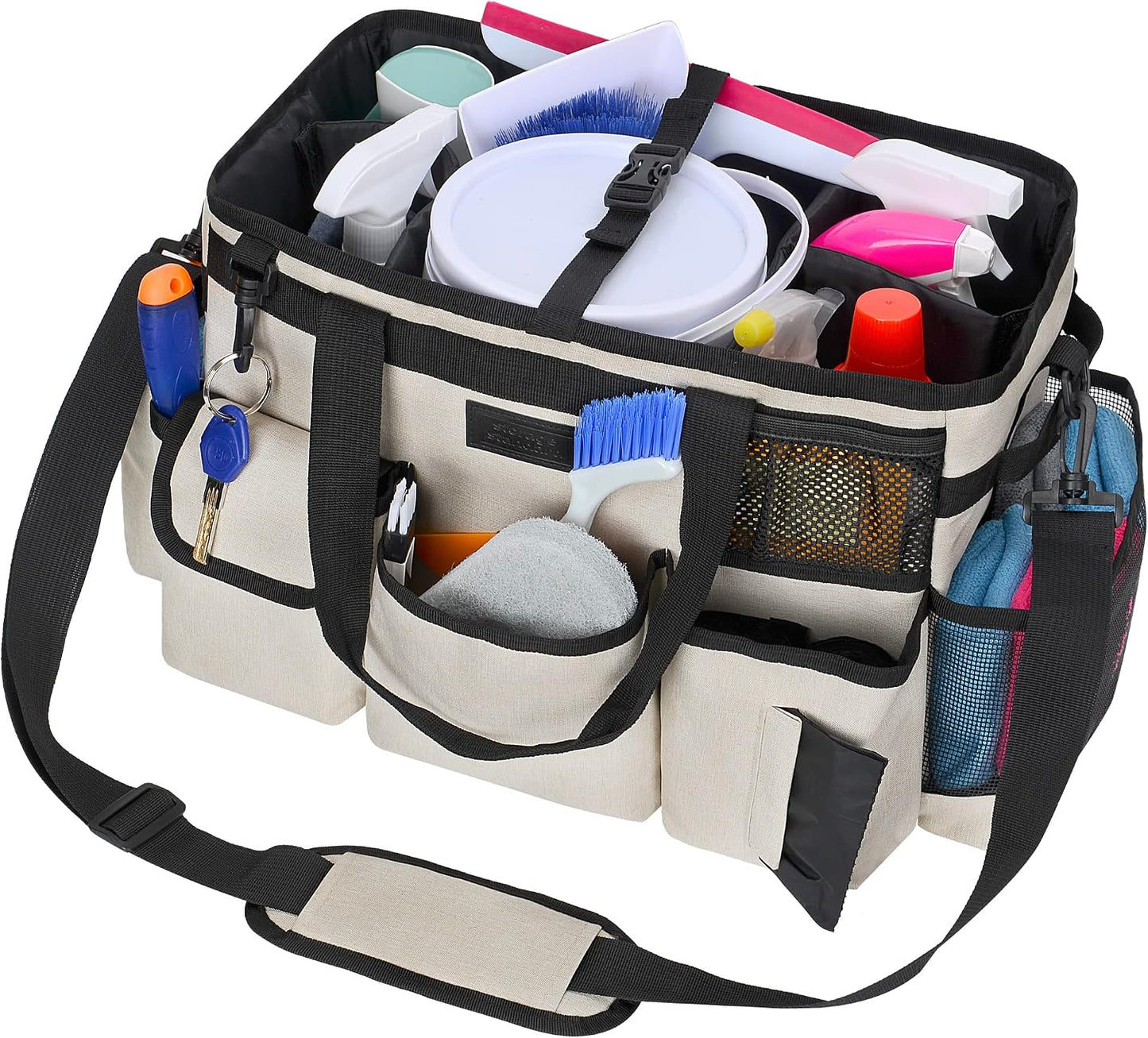Cleaning Caddy Organizer with Handle - Large Caddy Bag for House & Bathroom Cleaning Supplies, 15 x 8 x 10.5 inches Cleaning Supply Caddy, Housekeeping Tote with Adjustable Strap - Beige