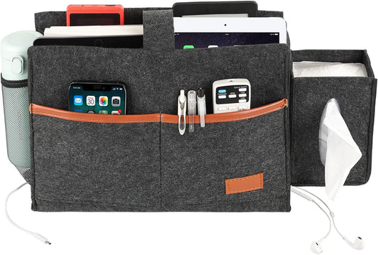 Surblue Bedside Caddy Felt Storage Organizer Hanging Bag with Tissue Box and Water Bottle Pocket for Mattress, Sofa, Bunk Bed, Dark Gray