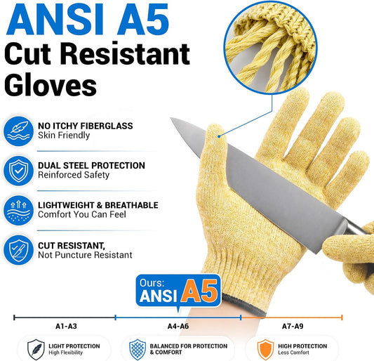Safe & Savvy A5 Cut Resistant Gloves, Food Grade Kitchen Safety Gloves | for Chef Meat Cutting, Mandoline Slicer, Oyster Shucking, Wood Carving and Fish Fillet, Grey (Medium)