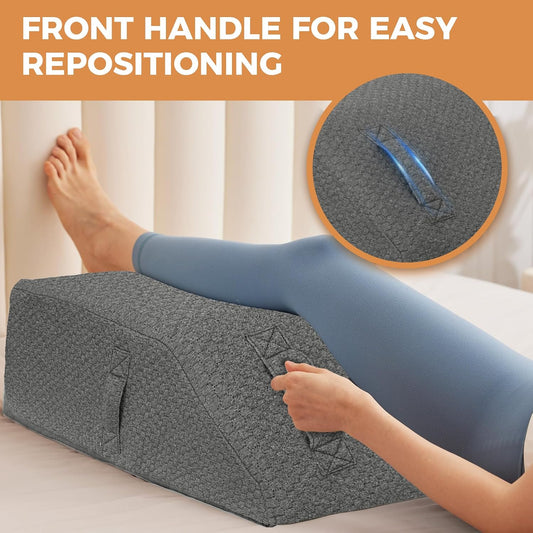 BIEEZZK Leg Pillow Elevation Blood Circulation, Leg Elevating Pillows for After Surgery, Sleeping, Memory Foam Wedge Pillow for Legs Swelling, Foot Knee Pillow for Back Pain, 23.6×16.8×8in, White/Grey