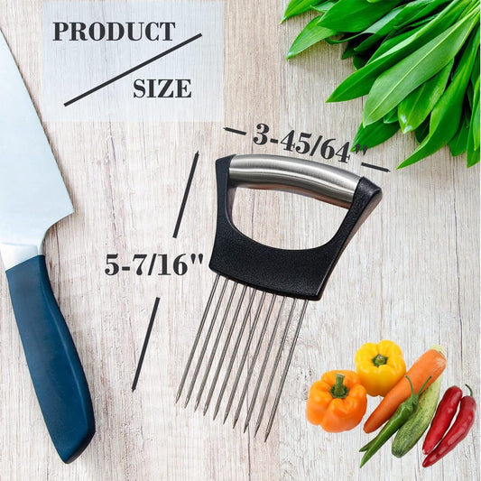 Onion Holder for Slicing - Multi-Purpose Kitchen Tool for Safe and Efficient Slicing of Onions, Tomatoes, Potatoes, Apples, and More | Stainless Steel Vegetable Cutter & Meat Tenderizer 2 PCS