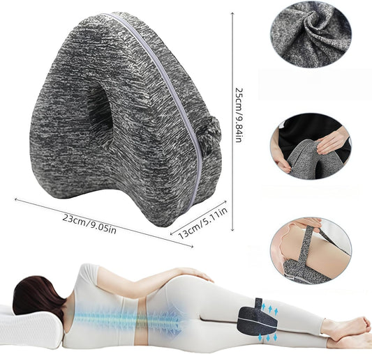 Memory Foam Knee Pillow for Side Sleepers,Hip & Spine Support,Grey | Ergonomic contour,adjustable elastic strap,breathable cover,durable memory foam,versatile for bed,sofa,office,travel