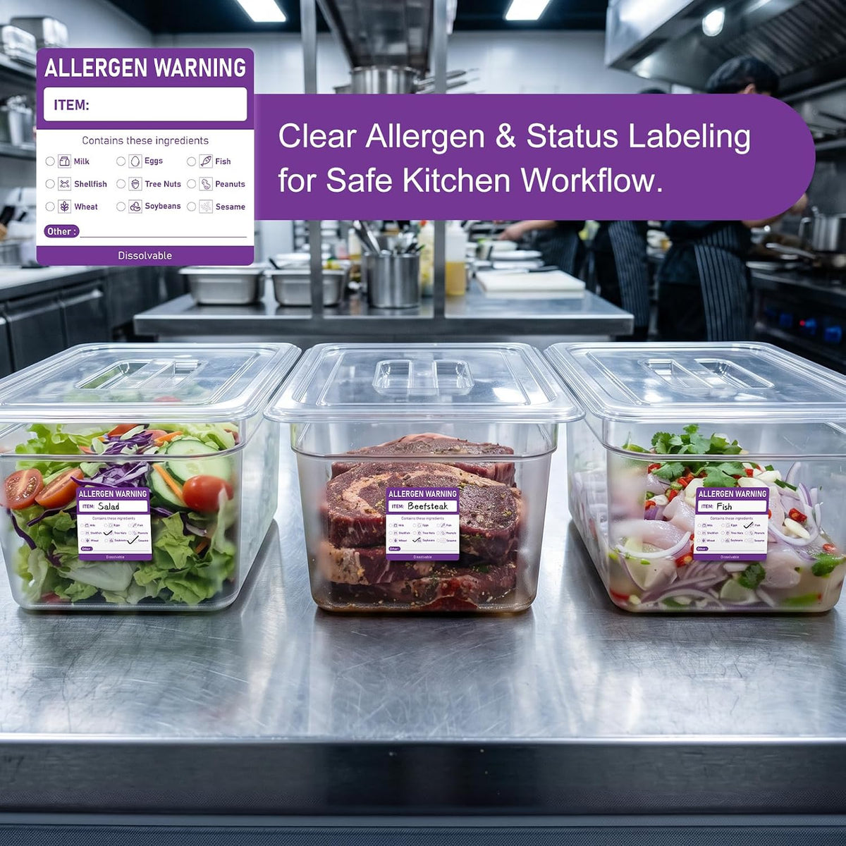 LLIKED 250 Pcs Purple Allergen Alert Dissolvable Labels 2"x2"