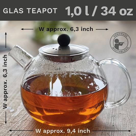 Creano glass teapot 58oz (1700ml), tea maker with integrated stainless steel infuser and glass lid, ideal for preparing loose teas, drip-free, all-in-one