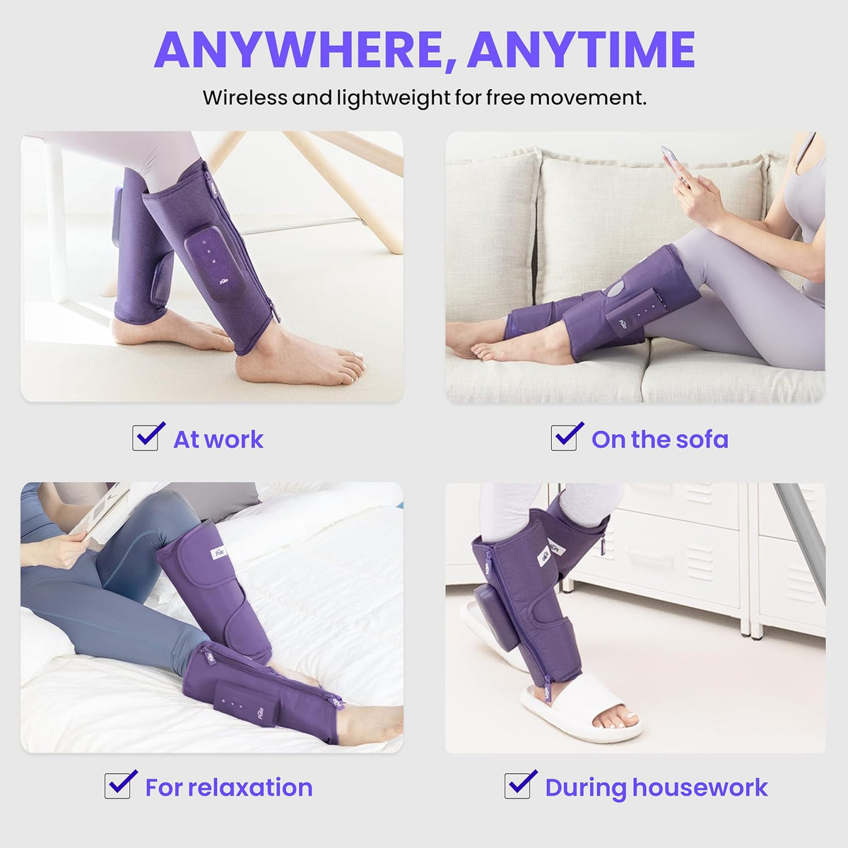 PULIO Leg Care Device V2 with New Controller Purple - 3 Modes, 3 Intensities - USB-C Rechargeable Cordless