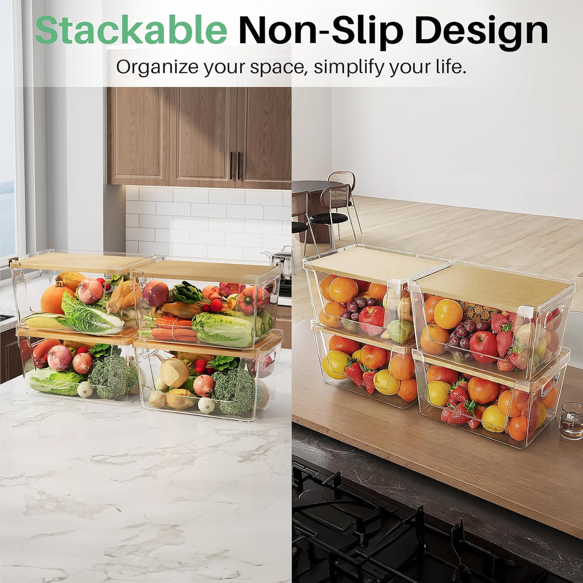 Pantry Organizer and Stackable Storage Kitchen,Sturdy and Durable Storage Basket for Potato, Onion, Garlic, Fruit, Vegetable, Produce, Clear Plastic Storage with Lid&Handle