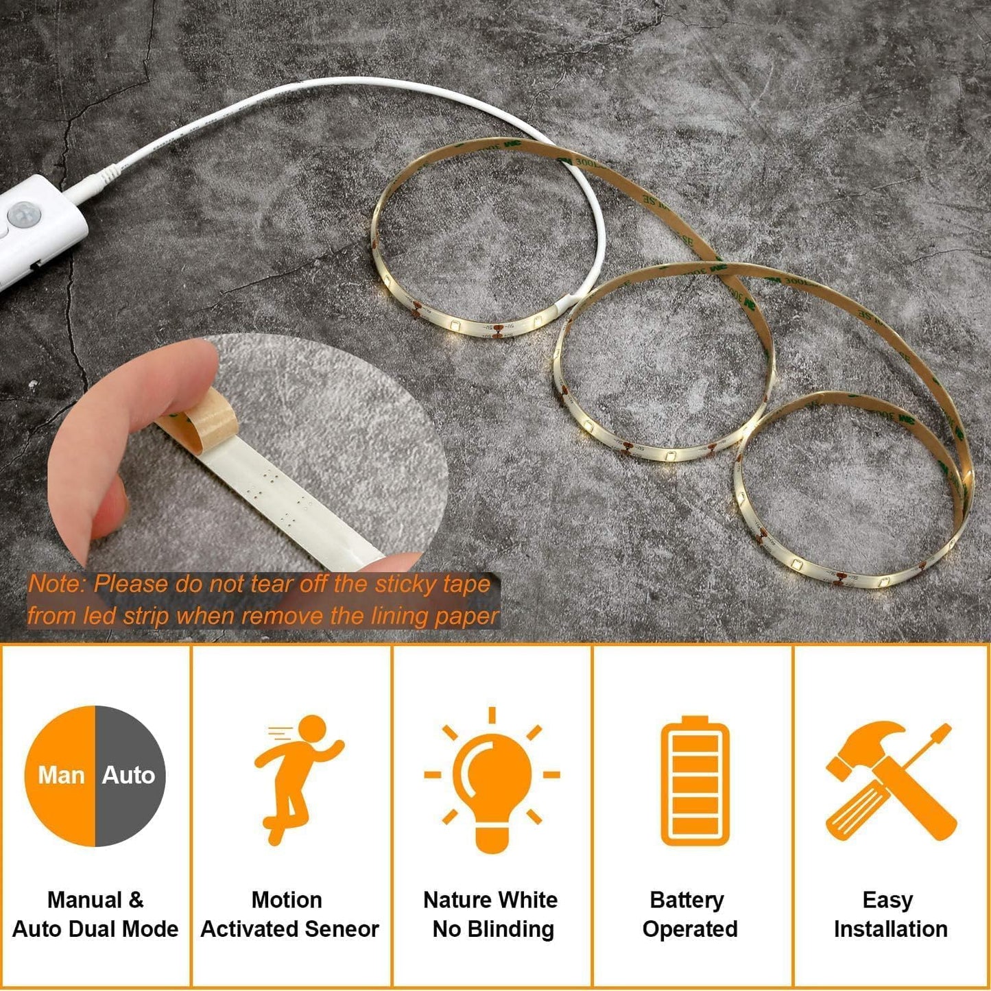 Cuttable Battery Operated Motion Sensor LED Light Strip Indoor 10 ft | Motion Sensored Activated Cordless Warm White LEDs Tape Lights for Bedroom Closet Under Bed Cabinet Counter Shelf Stair