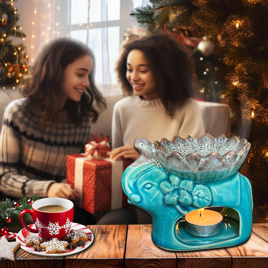 Fragrance Essential Oil Burner Tealight, Tea Light Candle Wax Warmer, Tealight Fragrance Oil Warmer (Ice Cracked Glaz Elephant Shape)