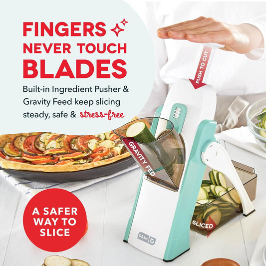 Dash Safe Slice Mandoline Slicer, Adjustable 30+ Combos, Aqua | Vegetable, Potato & Onion slicer, 1-8mm Thickness, Julienne, Matchstick & Dice Cuts, Folds Flat, Stainless Steel Blades