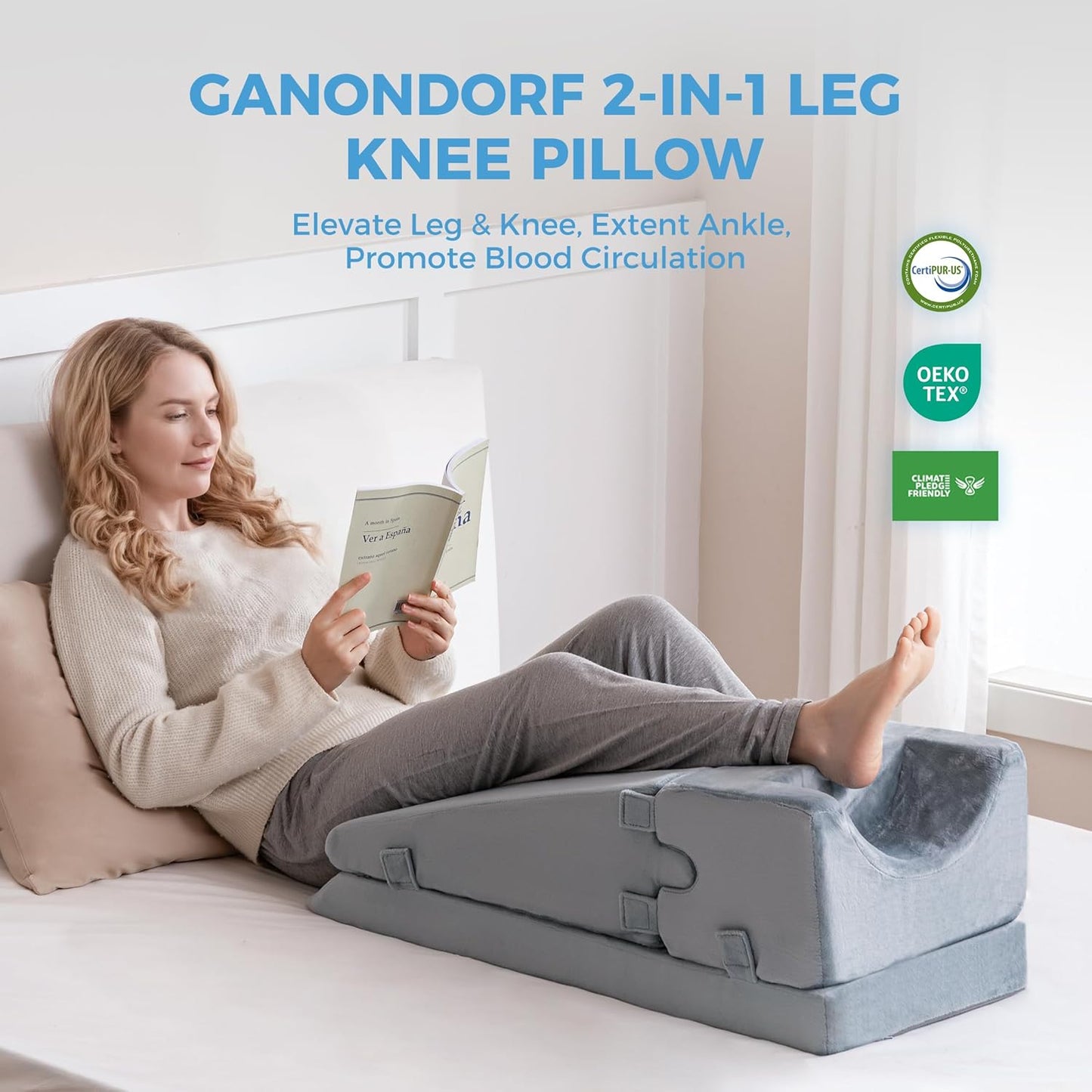 Leg Elevation Pillow for Sleeping, Foam Wedge Pillow Set for After Surgery, Knee Pillow for Side Sleepers, Elevating Leg Rest Cushion for Knee Replacement, Swelling, Back Pain & Circulation Support
