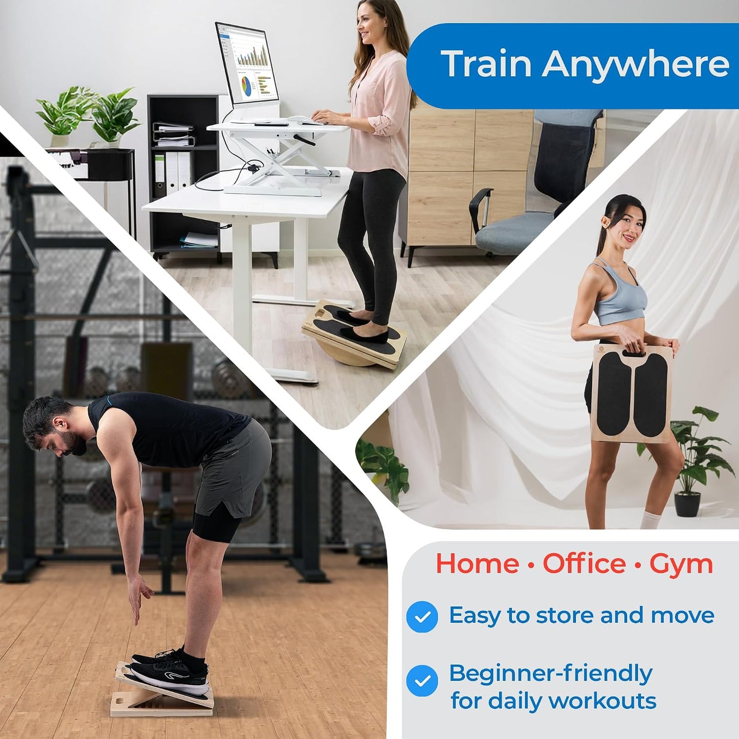 Slant Board for Exercise, 3-in-1 Wooden Calf Stretcher, Rocker Balance Board and 360° Wobble Board, 5 Adjustable Angles, Anti-Slip Surface, Training Poster Included