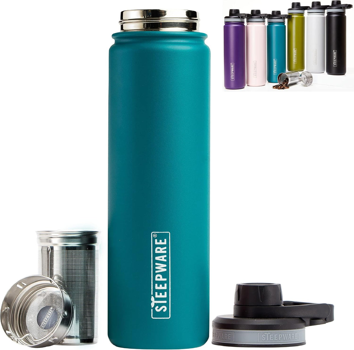The Tea Spot Steepware Tea Tumbler and Thermos, 22oz, Tea Bottle with tea infuser for loose leaf tea or iced coffee, Sleek Double Wall Tumbler & Insulated Travel Bottle - Olive
