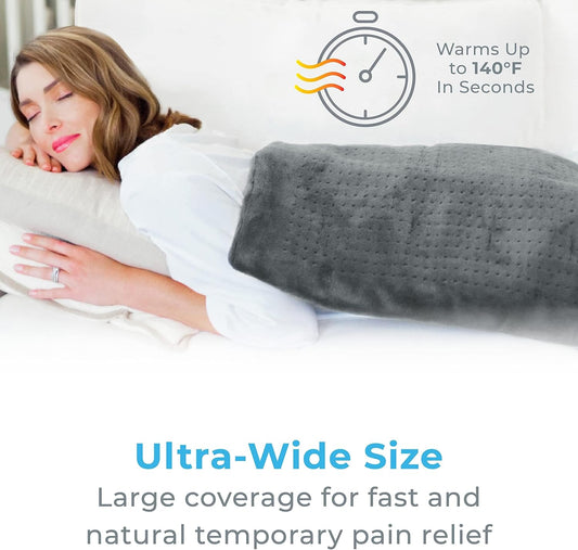 Pure Enrichment PureRelief Ultra-Wide Microplush Heating Pad - 20” x 24” XXL Size & 6 Heat Settings for Temporary Neck, Shoulder & Back Pain Relief - Moist Heat Option & Machine Washable (Sea Glass)