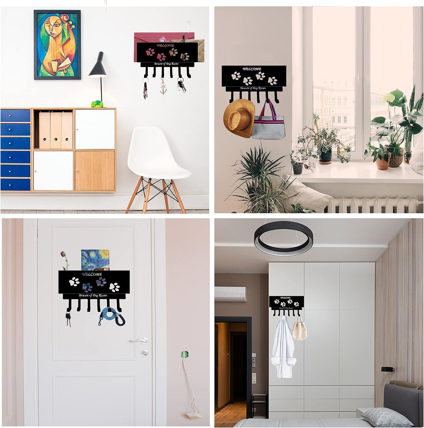 Dog Leash Holder for Wall, Storage and Mail Organizer, Key Holder Wall Mount With 6 Hooks - Leash, Stuff, Key, Letter, Sunglasses Organizer for Entryway, Farmhouse
