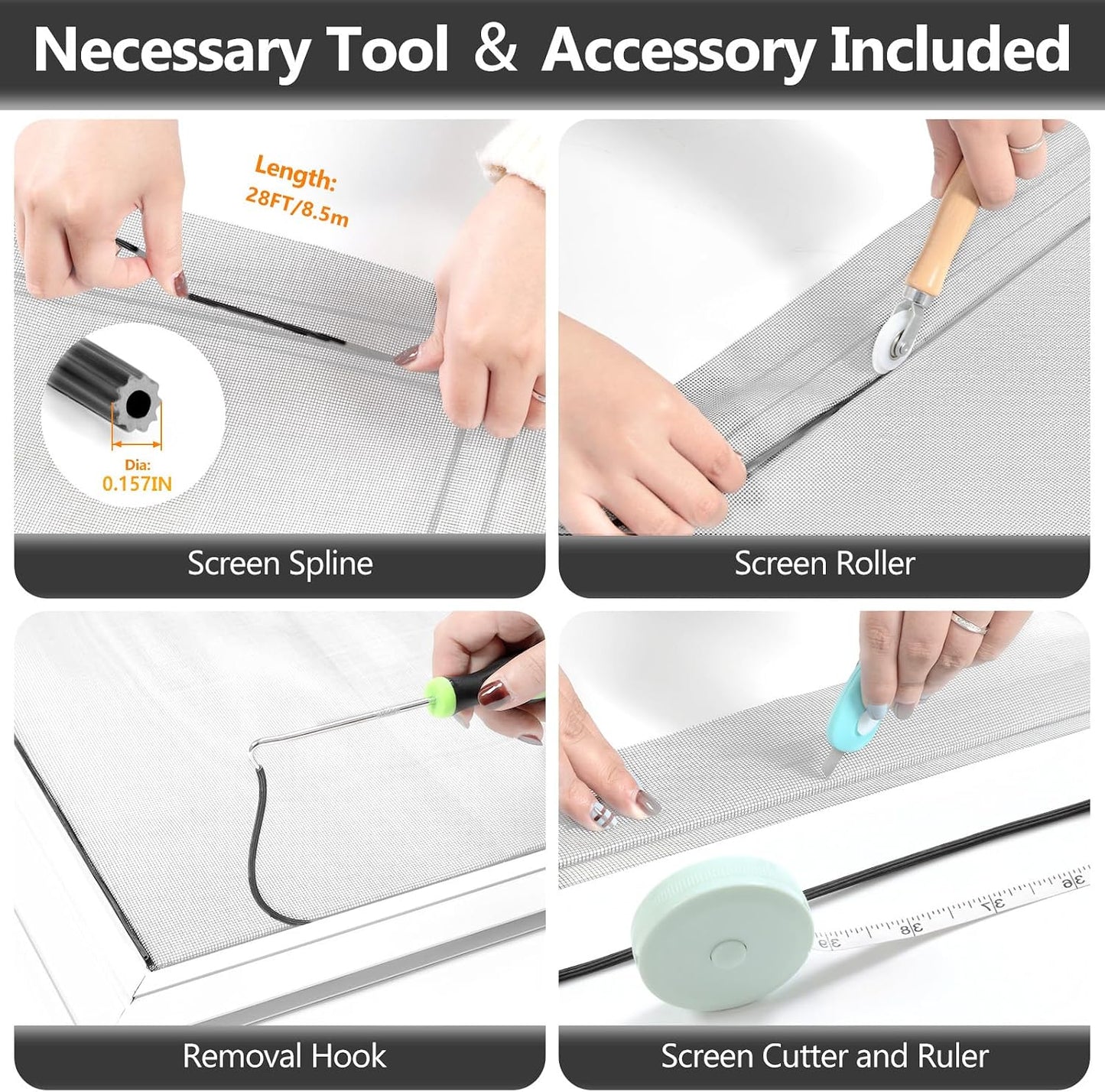 Secopad Window Screen & Screen Door Mesh Repair Kit, 39 in x 78 in, Black | Fiberglass Roll with Tools, Tearproof & Washable, High-Transmittance, For Windows, Patio & Porch Replacement