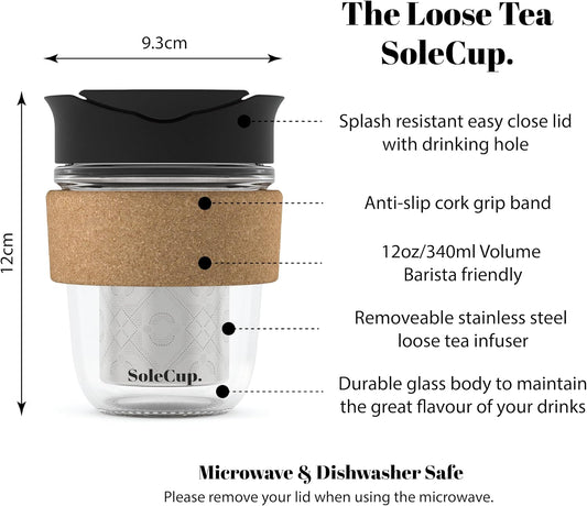 Travel Mug Loose Tea Infuser - Detachable Tea Strainer with Spillproof Lid - BPA-Free Reusable Glass Travel Coffee Cup with Cork Band (Black, 12oz)