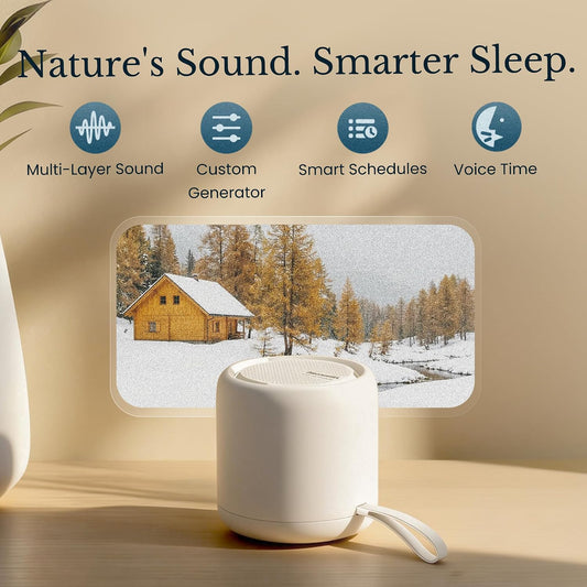 White Noise Sound Machine & Alarm Clock: Color Noises and Custom Soundscapes, App Control, Sleep Schedule, Multiple Alarms, 100 Volume Levels, Built-in Battery