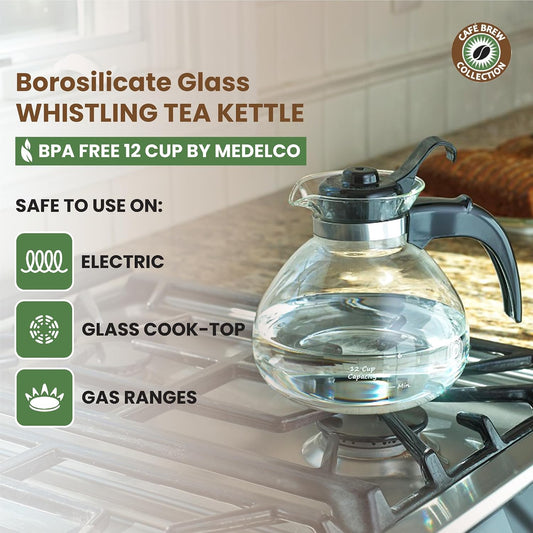 Café Brew Glass Tea Kettle, 12 Cup | German borosilicate glass. Gas & electric stovetop safe. Heat resistant. Whistles at boil. 12-cup capacity.