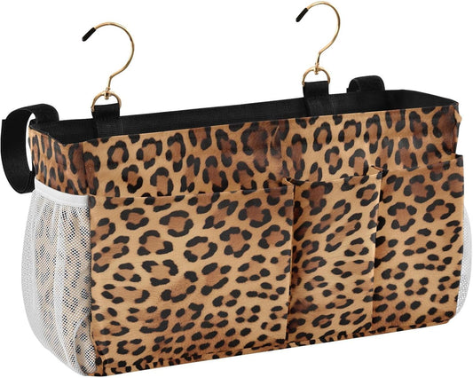 YETTASBIN Leopard Print Bedside Caddy Hanging Storage Organizer Bag with 2 Straps & Hooks for Bunk Beds, College Dorm, Hospital Bed - Holder for Books, Phone, Magazine, Glasses, Keys