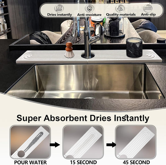 Stone Faucet Mat For Kitchen Sink, 23.6" Diatomite Quick Drying Stone Mat For Kitchen Sink, Sink Splash Guard, Super Absorbent, Sink Stone Quick Dry Around Faucet For Bathroom Counter (White)