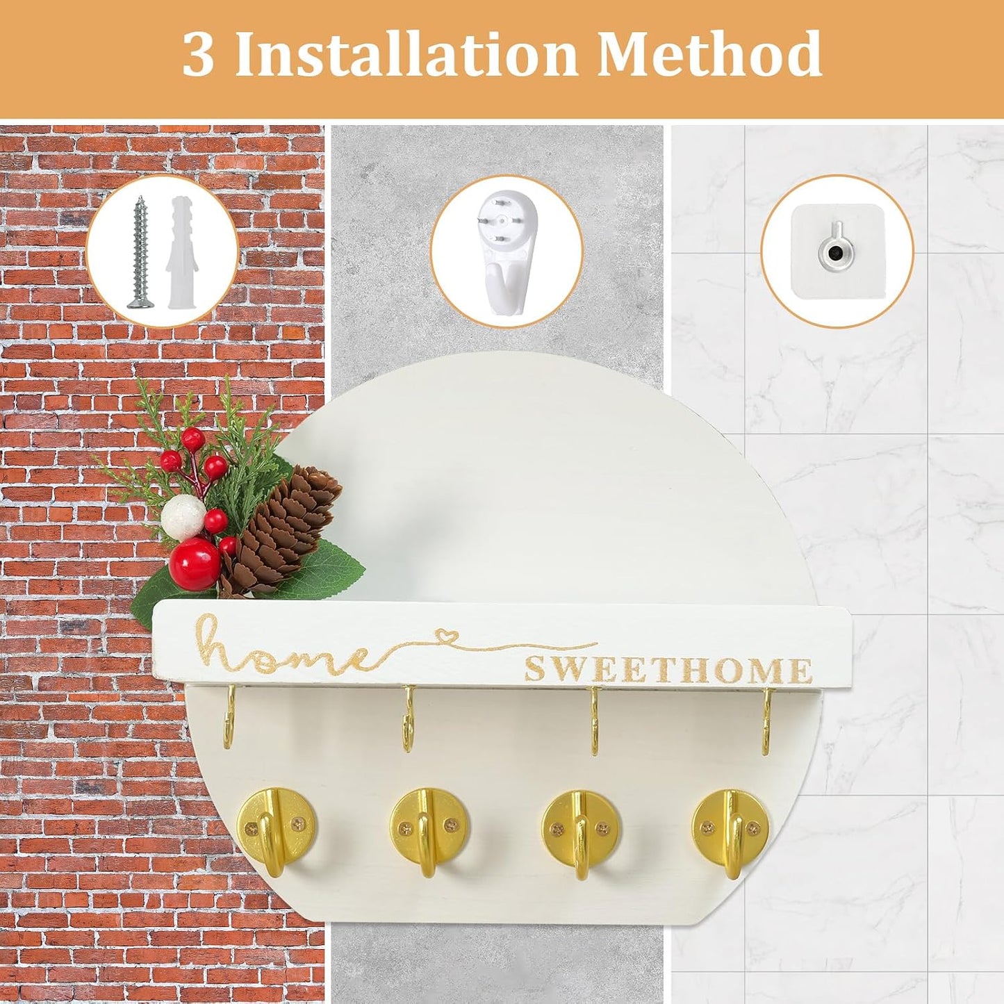 Key Holder for Wall, Key and Mail Holder Organizer - Key Holder Wall Mount with Bouquet Shelf and Key Hooks, Round Wooden Rustic Key Rack for Entryway and Home Decor (Black)