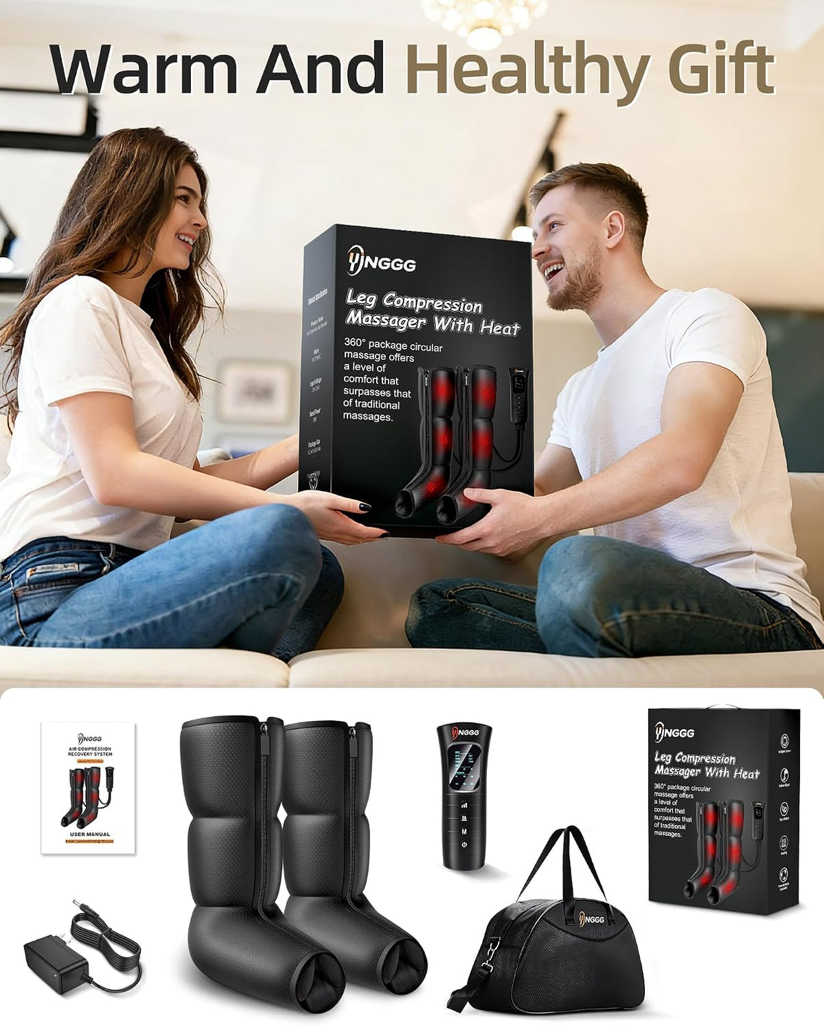 YINGGG Leg Compression Massager with Heat, Foot & Calf Massager Boots for Circulation, Professional Sequential Compression Boots with 6 Modes, 6 Intensities, 3 Heat-M03