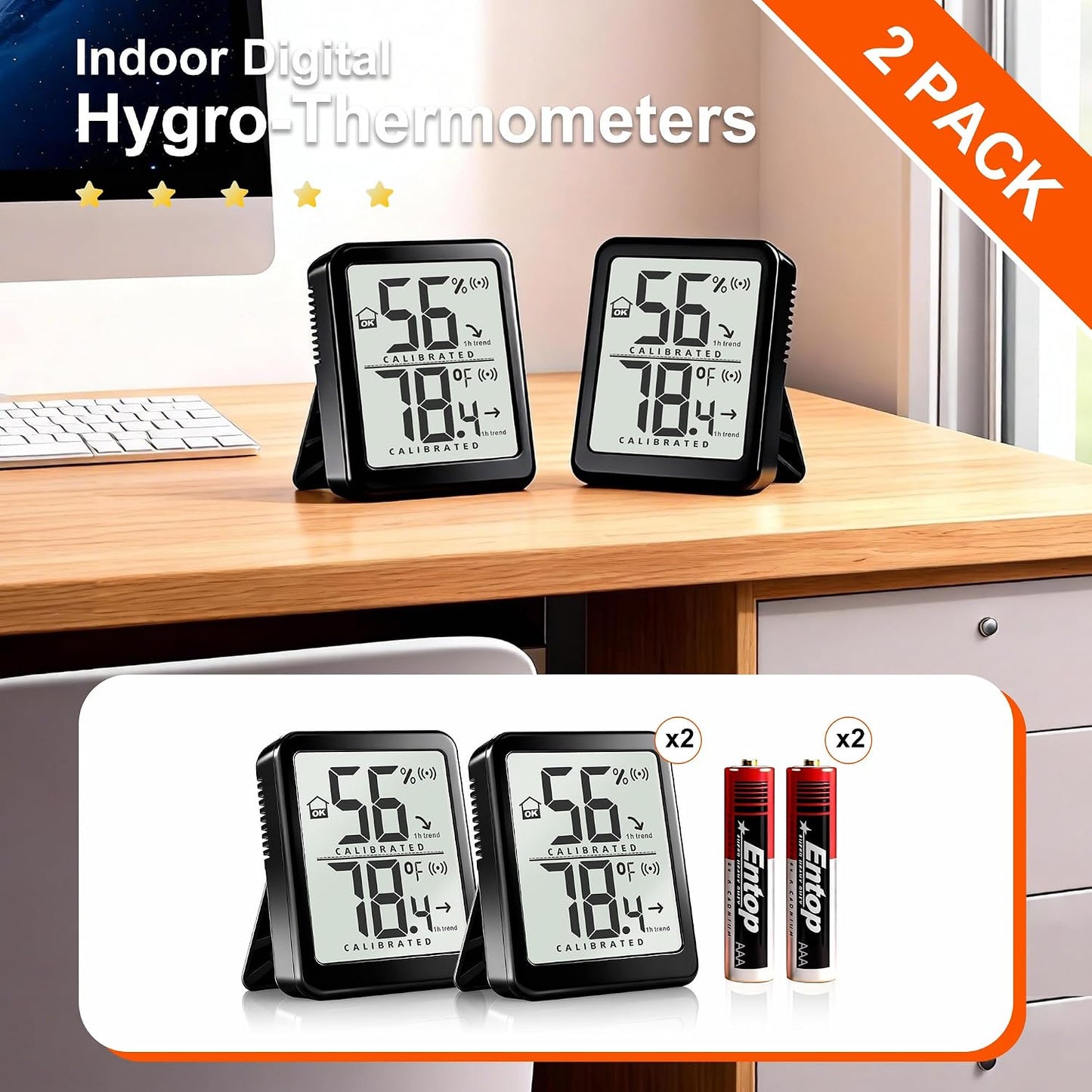 2 Pack Room Thermometer Small Hygrometer Indoor Humidity Monitor Sensor, Digital Temperature and Humidity Meter Gauge for Home, Baby Nursery, Reptile, Greenhouse - Battery Included