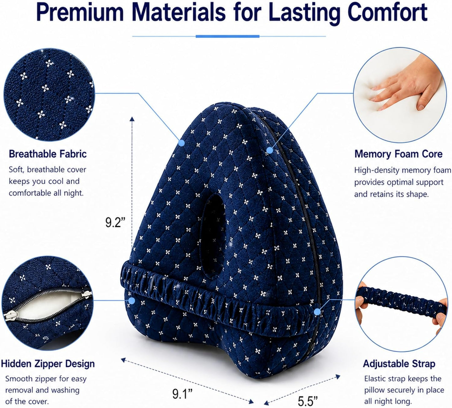 Alignment Pillow for Side Sleepers, Memory Foam Knee Pillow with Adjustable Strap, High-Density Leg Support for Hip, Back & Knee Pain Relief, Durable Side Sleeping Cushion (Navy Blue with White Dots)