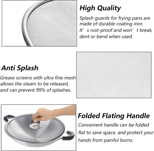Nicunom 4 Pack Splatter Screen for Frying Pan, 13", 11.5", 10", 8" Stainless Steel Grease Splatter Guard with Fold Flat Knob, Kitchen Oil Splatter Guard Set for Safe Cooking