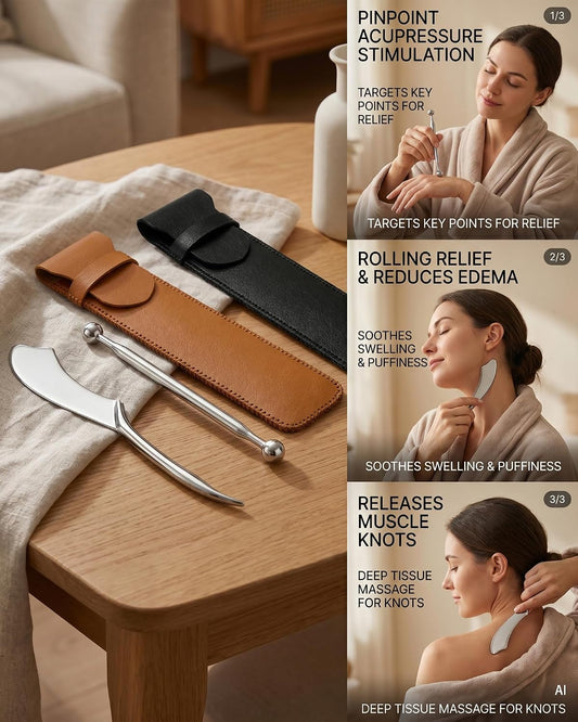 Stainless Steel Roller Massage Tools Set,3 Pcs Skin Care Kit for Daily Use | Handheld Metal Facial & Body Massager, PU Leather Case, Skin Care Kit, Daily Use(black)