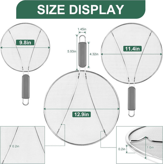 Splatter Screen for Frying Pan - 9.8" 11.4" 13" Stainless Steel Fine Mesh Grease Splatter Guard with Silicone Handle, Hot Oil Splash Guard for Cooking to Prevent Oil Splatter, Safe Cooking