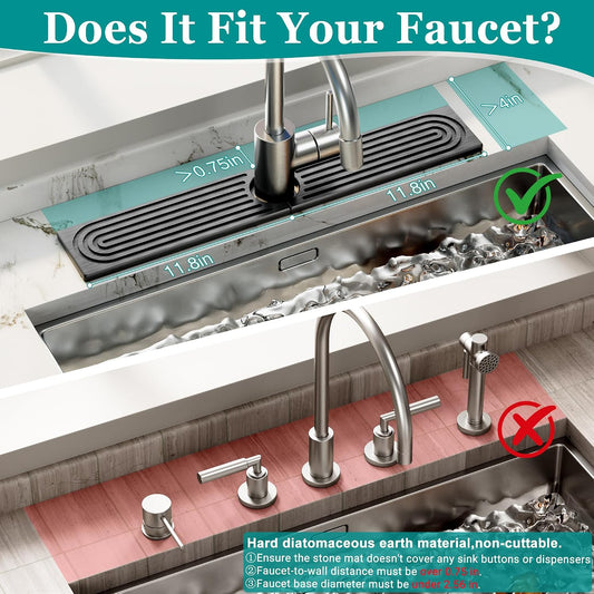Stone Faucet Mat for Kitchen Sink - Quick Dry Diatomite Sink Splash Guard, Prevents Moisture Buildup & Water Stains, Water Absorbing Stone Tray for Bathroom Countertop (Dark Gray, 23.6" x 4")
