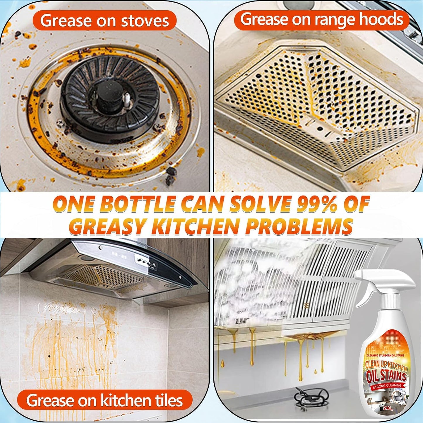 New Upgrade Kitchen Cleaner, Clean Up Kitchen Oil Stains Spray, Multi-purpose Oils Stain Cleaner, Clean Up Kitchens Oil Stains(240ml/8.45oz)