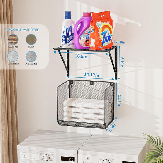 2 Pack Laundry Room Shelves Organization And Storage,Wall Mounted Clothes Drying Rack With Wire Mesh Basket Over Washer And Dryer,Large Capacity Floating Wall Shelf For Bathroom,Kitchen,Storeroom
