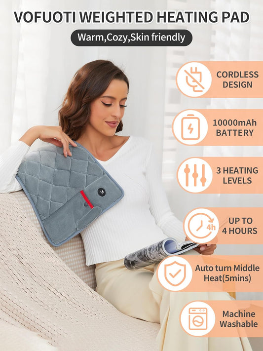 Vofuoti Portable Weighted Cordless Heating Pad with 7.4V 10000mAh Battery | 3 Heat Settings, Outdoor Rechargeable Electric Battery Operated Heated Pad for Back, Abdomen, 12" x 24", Gift for Women Men
