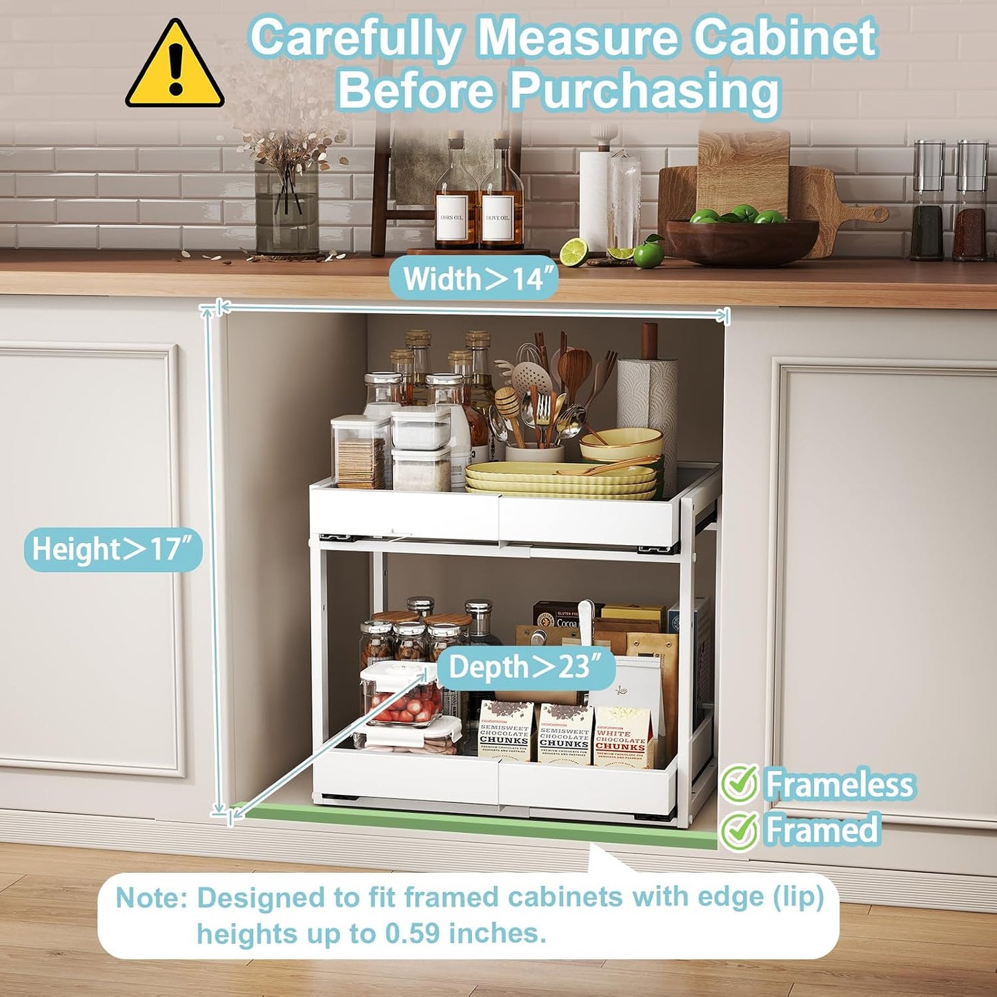 Golener 2-Tier Expandable Pull Out Cabinet Organizer, Cabinet Drawers, 16"D | Cabinet Pull Out shelves, Adjustable Pantry Drawers, Slide Out Drawers for Kitchen Cabinets, Under Sink Organizer, Black