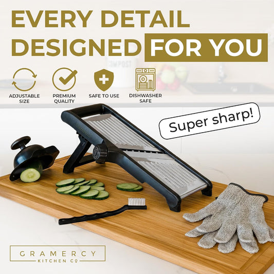 Gramercy Mandoline Slicer for Kitchen with 12 Slice Settings, Black Edition | Slice from Paper-Thin to Thick-Cut with Stainless Steel Frame and Rotating Blade, Non-Slip Base, Gloves and Guard Included