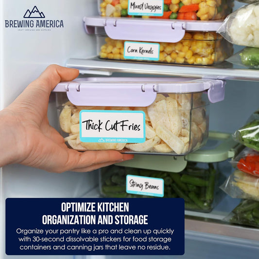 Dissolvable Food Labels for Food Containers - 250qty Made in USA - 1x2 Inches - Wash-Off Labels for Meal Prep, Pantry, Freezer and Mason Jars – No Scrubbing, No Residue - Teal