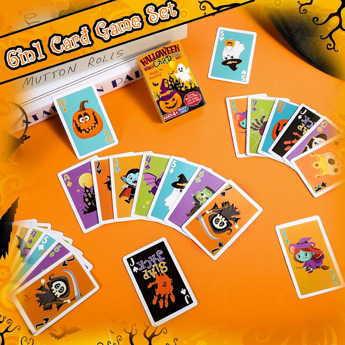 Fullhawl 2 Decks Halloween 6 In1 Card Set Family Night Playing Cards Pack