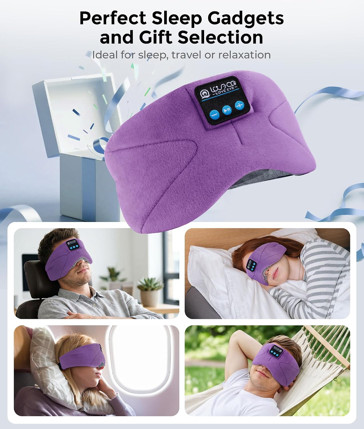 LOVE EYE Sleep Headphones Bluetooth 5.4 Sleeping Eye Mask Wireless Music Earphones with Built-in HD Speakers for Side Sleepers Cotton Sleeping Headphones for Women Men Gifts (Lavender Purple)