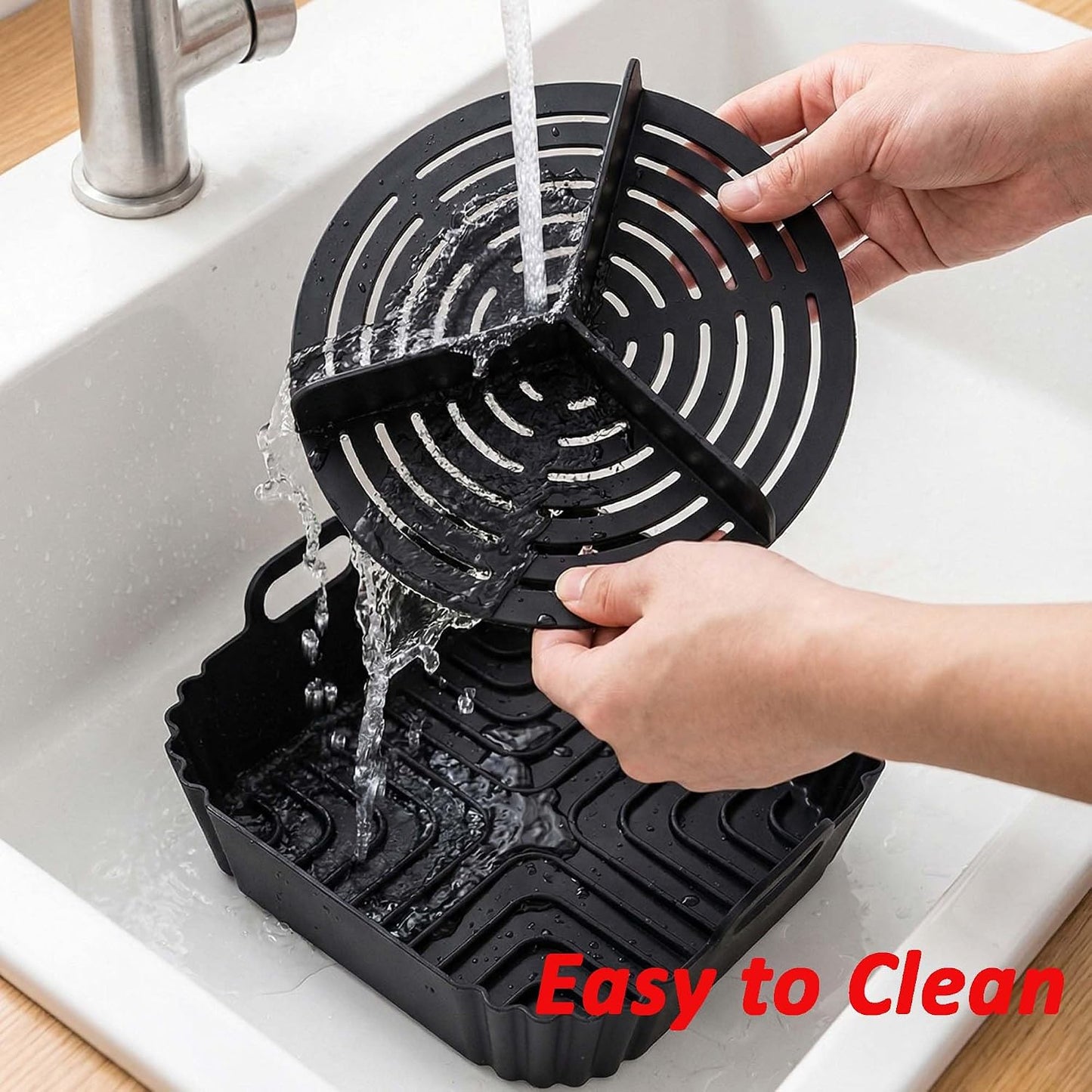 2 Pack Square Silicone Air Fryer Liners, With Round Divider Split for 3 Flavors, Reusable Silicone Basket, Air Fryer Accessories, 1 Pack Red + 1 Pack Black