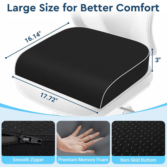 Seat Cushion, Memory Foam Office Chair Cushion, Black, Large | Office Desk Accessories, Butt Pillow for Long Sitting Sciatica, Coccyx, Tailbone, Hip Pain Relief - for Home, Car, Airplane