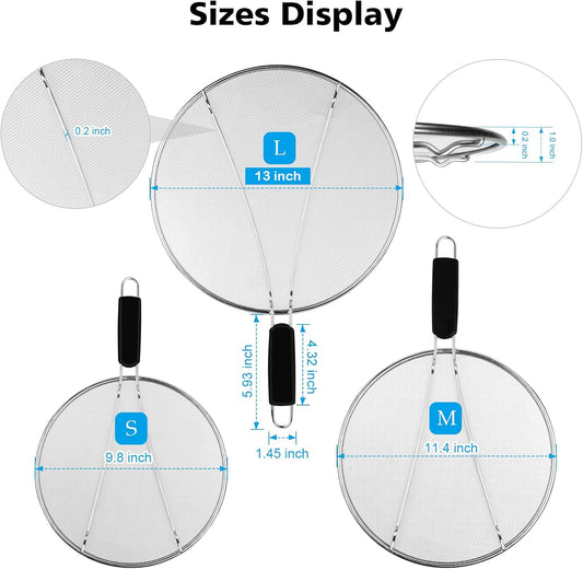 Nonley Splatter Screen for Frying Pan - 9.8"" 11.4"" 13"" Grease Splatter Guard Hot Oil Splatter Guard, Stainless Steel Fine Mesh Splash Guard with Resting Feet for Cooking to Prevent Oil Splatter