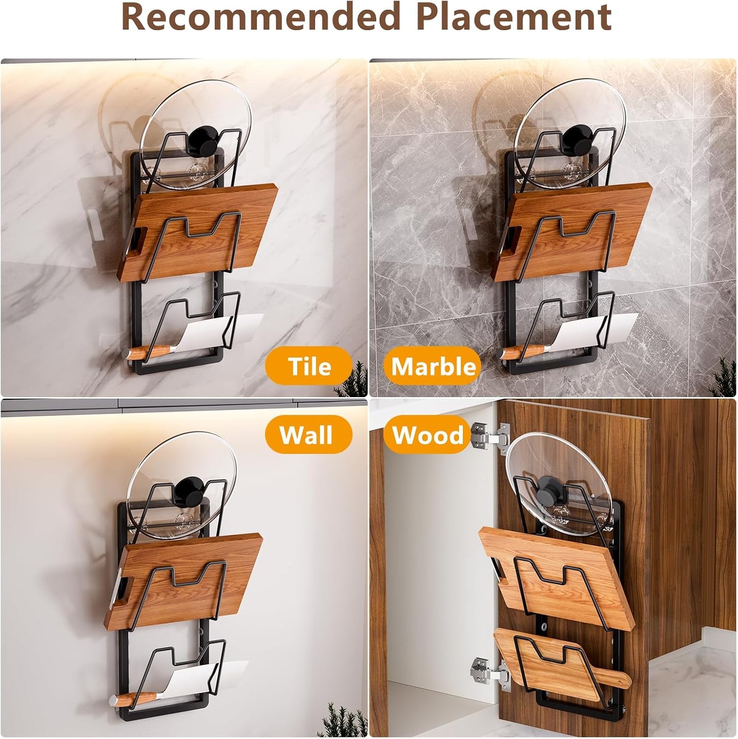 FEZHI pot lid organizer Rack, 3-tier adjustable and removable Pot Lids Holder for Kitchen Cabinet Door/Wall, No Drilling Adhesive Wall/Door Mounted Rustproof pots and pans organizer under cabinet.