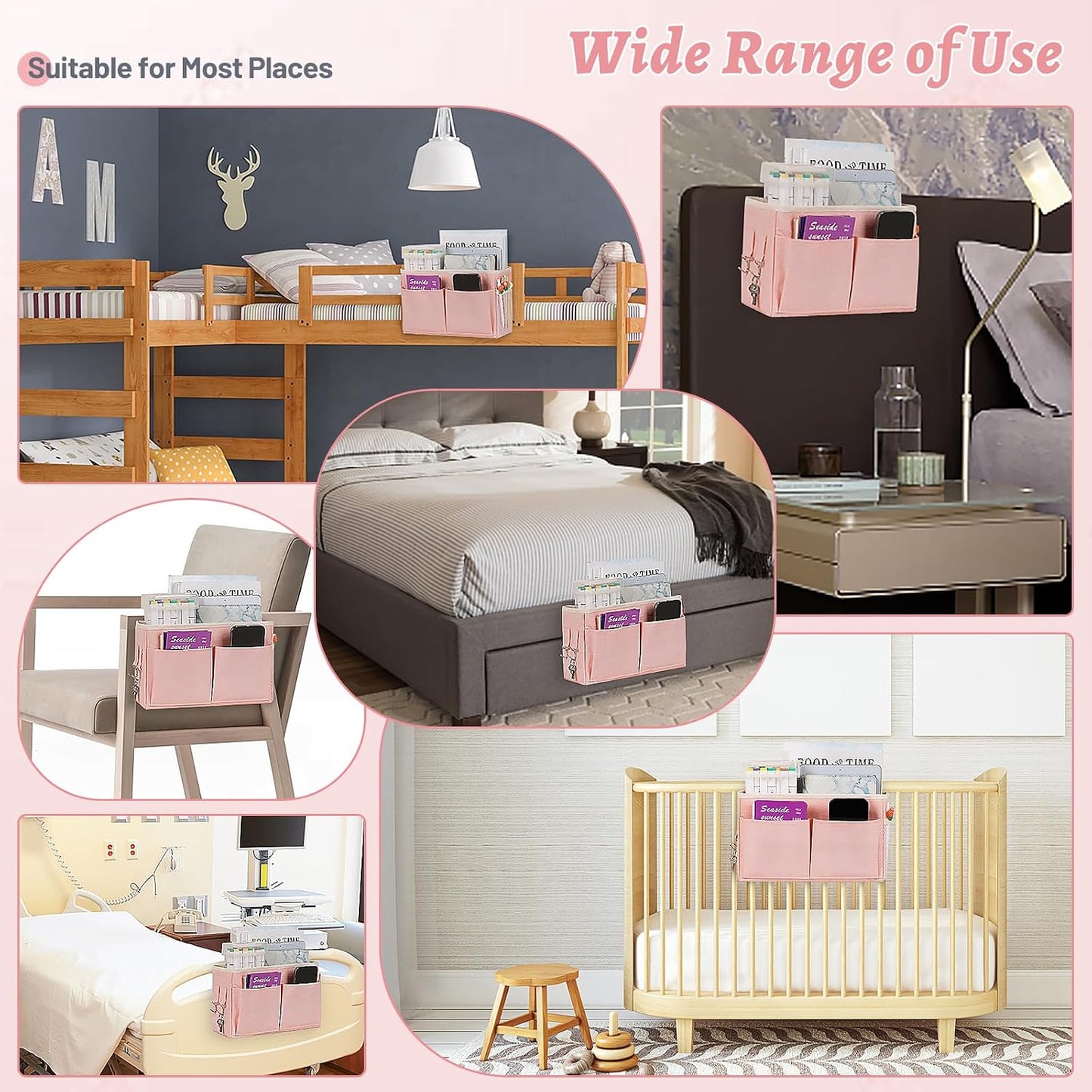 Bedside Caddy Storage with Water Bottle Holder for Bunk Bed Pink | Hanging Bedside Organizer for Hospital Bed Dorm Rooms