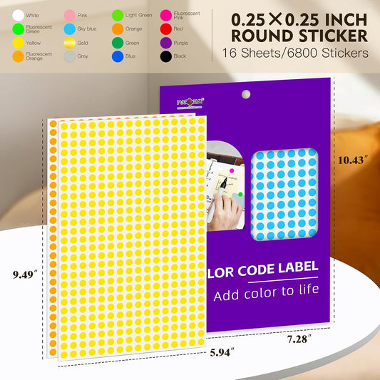 1/4" Round Color-Code Dot Sticker,Color Coding Circle Label (Multicolor) | 6800 Pcs Adhesive Stickers, 16 Kind of Bright Multicolor Small Circle Sticker Dots for Office,Classroom Reward Dots,Inventory