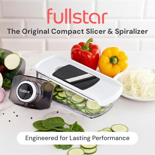 Fullstar Pro Mandoline Vegetable Slicer, Grater & Spiralizer with Container | 6 in 1 Fruit Cutter, Cheese Grater & Spiralizer with Safety Gloves, Stainless Steel Blades & Container (White)