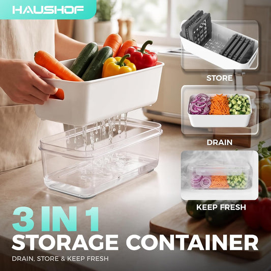 HAUSHOF 9-in-1 Vegetable Chopper & Mandoline Slicer, 7 Blades, Drain Basket | Food and Veggie Chopper and Dicer, Grater, Kitchen Prep Tool with Container, Safety Holder, Interchangeable Blades