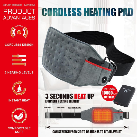 Vofuoti Portable Cordless Heating Pad with 10000mAh Battery | 3 Heat Settings, Rechargeable Electric Battery Operated Heat Pad for Back,Abdomen,Neck,Shoulders,Outdoor, Gift for Women Men