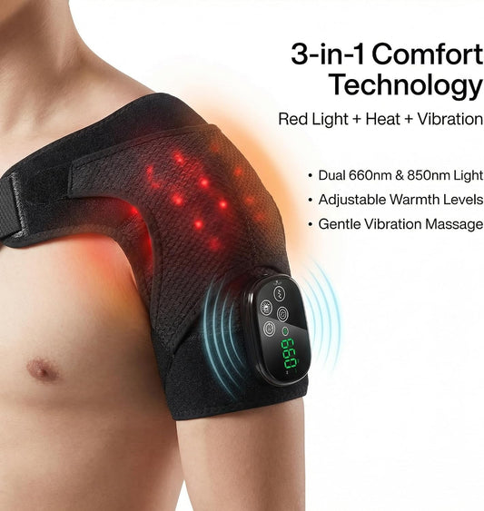Red Light Therapy For Shoulder Pain Wrap with Heat & Vibration, 660nm & 850nm Infrared Shoulder Massager, Cordless 5000mAh Heating Pad for Neck & Shoulder Comfort, Wearable Support for Men & Women